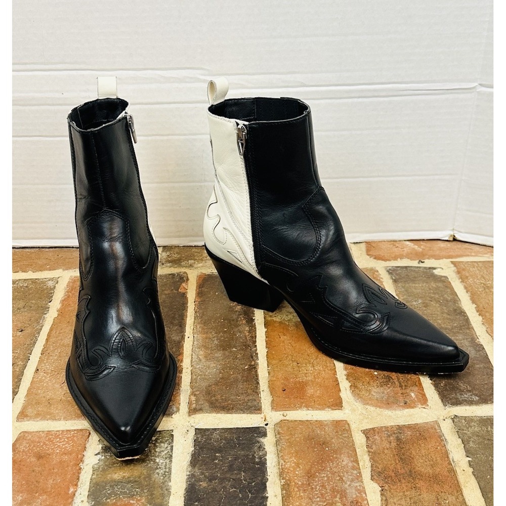 Dolce Vita Black White Leather Western Heeled Ankle Boots Pointy Toe Women's 10